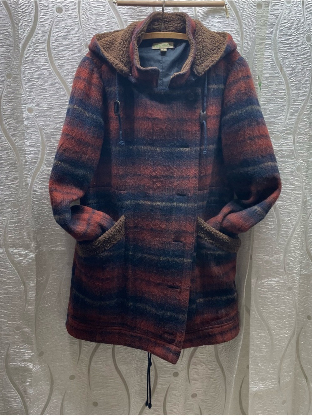 Staring at Stars Hooded Parka Women Large Rust Navy Striped Wool Blend Excellent